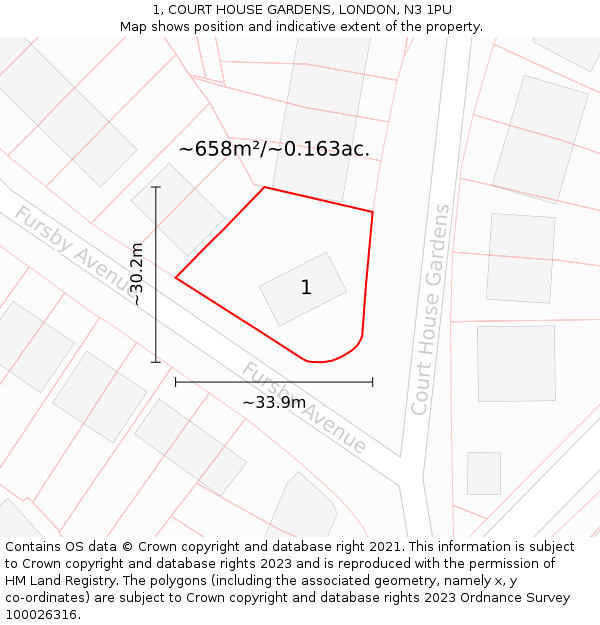 1, COURT HOUSE GARDENS, LONDON, N3 1PU: Plot and title map