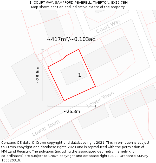 1, COURT WAY, SAMPFORD PEVERELL, TIVERTON, EX16 7BH: Plot and title map