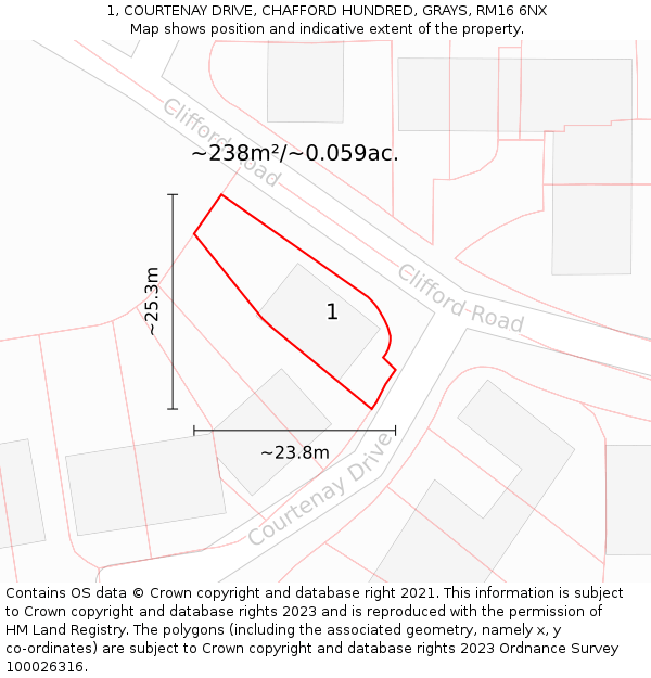 1, COURTENAY DRIVE, CHAFFORD HUNDRED, GRAYS, RM16 6NX: Plot and title map