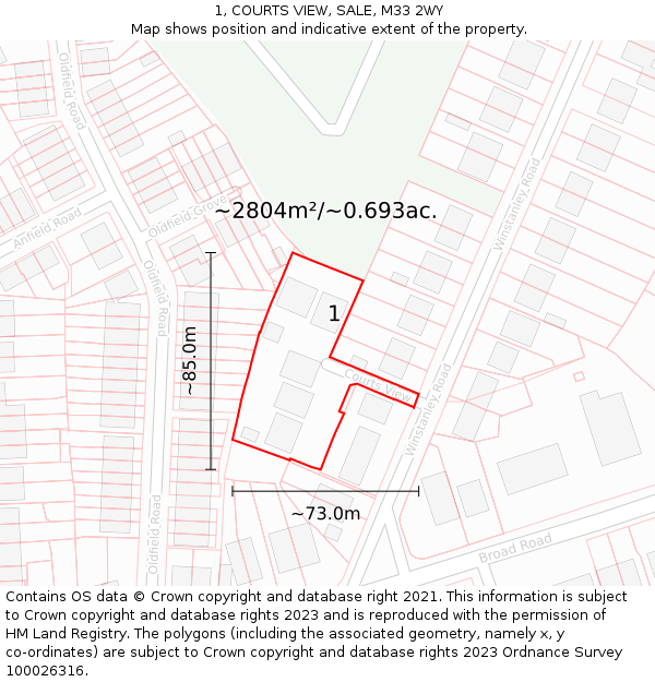 1, COURTS VIEW, SALE, M33 2WY: Plot and title map