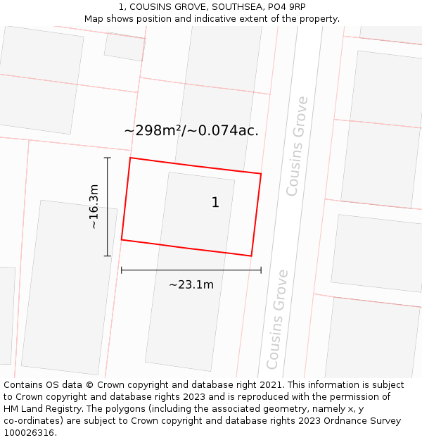 1, COUSINS GROVE, SOUTHSEA, PO4 9RP: Plot and title map