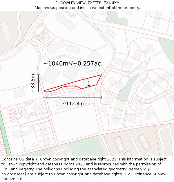 1, COWLEY VIEW, EXETER, EX4 4XA: Plot and title map