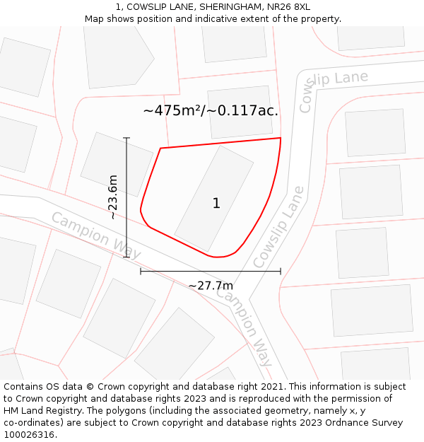 1, COWSLIP LANE, SHERINGHAM, NR26 8XL: Plot and title map