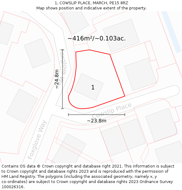 1, COWSLIP PLACE, MARCH, PE15 8RZ: Plot and title map