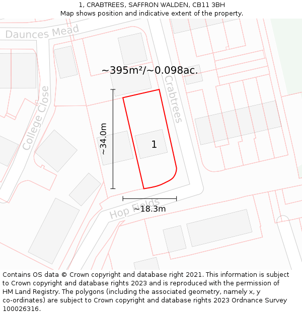 1, CRABTREES, SAFFRON WALDEN, CB11 3BH: Plot and title map