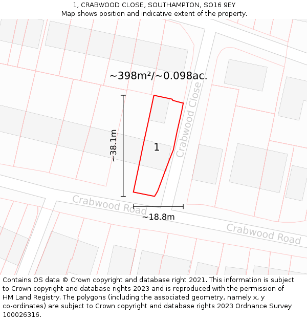 1, CRABWOOD CLOSE, SOUTHAMPTON, SO16 9EY: Plot and title map