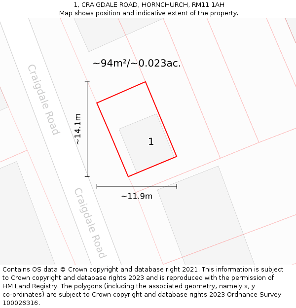 1, CRAIGDALE ROAD, HORNCHURCH, RM11 1AH: Plot and title map