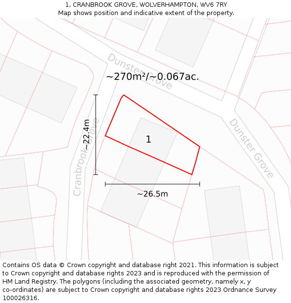 1, CRANBROOK GROVE, WOLVERHAMPTON, WV6 7RY: Plot and title map
