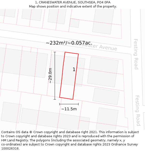 1, CRANESWATER AVENUE, SOUTHSEA, PO4 0PA: Plot and title map