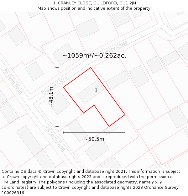 1, CRANLEY CLOSE, GUILDFORD, GU1 2JN: Plot and title map