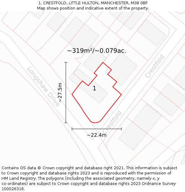 1, CRESTFOLD, LITTLE HULTON, MANCHESTER, M38 0BF: Plot and title map