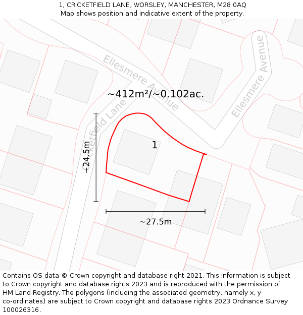 1, CRICKETFIELD LANE, WORSLEY, MANCHESTER, M28 0AQ: Plot and title map