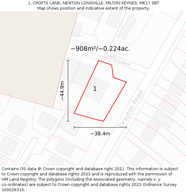 1, CROFTS LANE, NEWTON LONGVILLE, MILTON KEYNES, MK17 0BT: Plot and title map