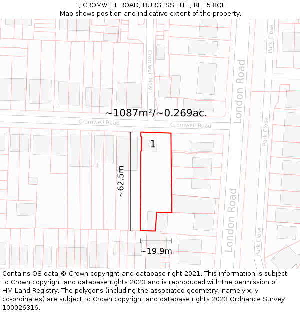 1, CROMWELL ROAD, BURGESS HILL, RH15 8QH: Plot and title map