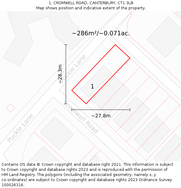 1, CROMWELL ROAD, CANTERBURY, CT1 3LB: Plot and title map