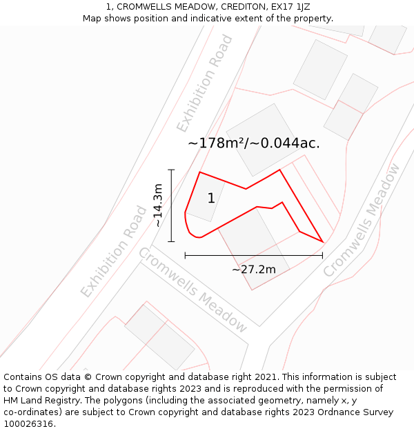 1, CROMWELLS MEADOW, CREDITON, EX17 1JZ: Plot and title map