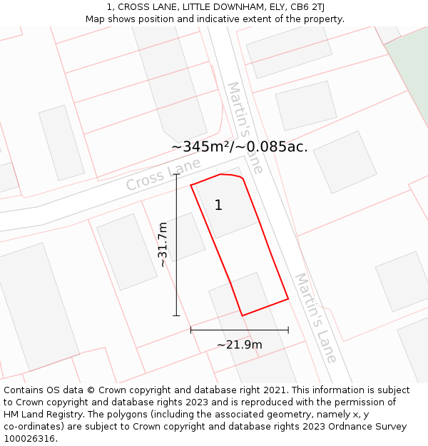 1, CROSS LANE, LITTLE DOWNHAM, ELY, CB6 2TJ: Plot and title map