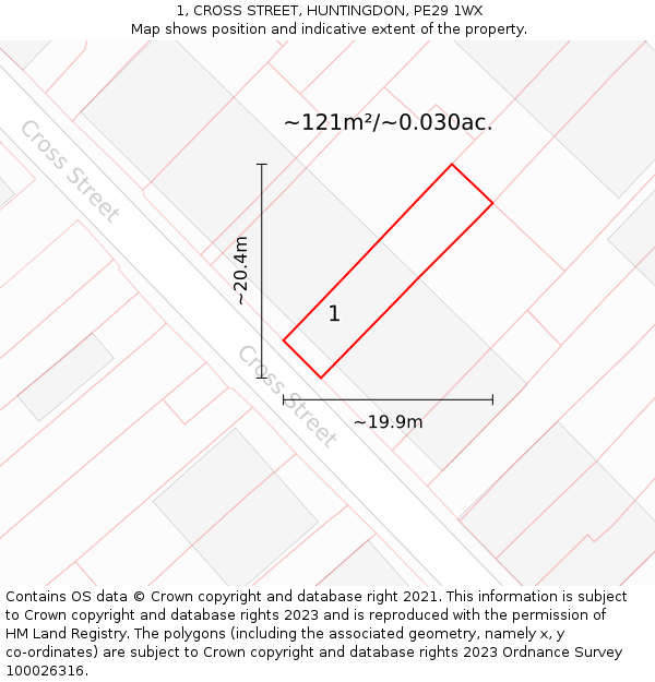 1, CROSS STREET, HUNTINGDON, PE29 1WX: Plot and title map