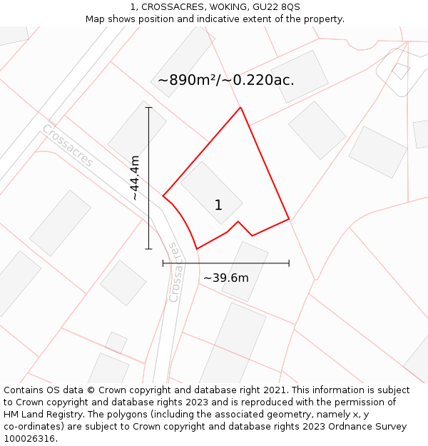 1, CROSSACRES, WOKING, GU22 8QS: Plot and title map