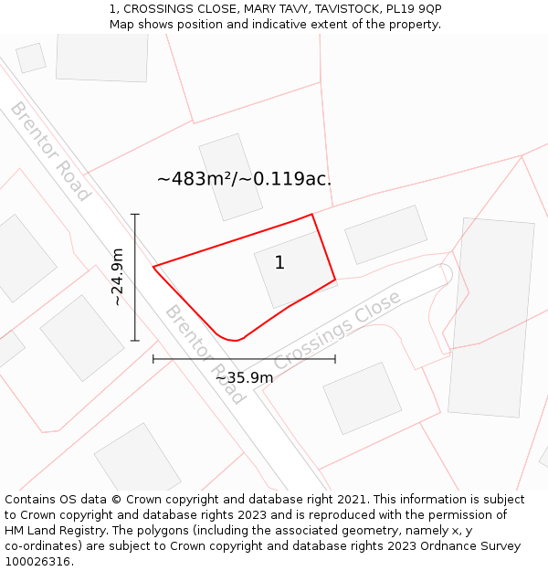 1, CROSSINGS CLOSE, MARY TAVY, TAVISTOCK, PL19 9QP: Plot and title map