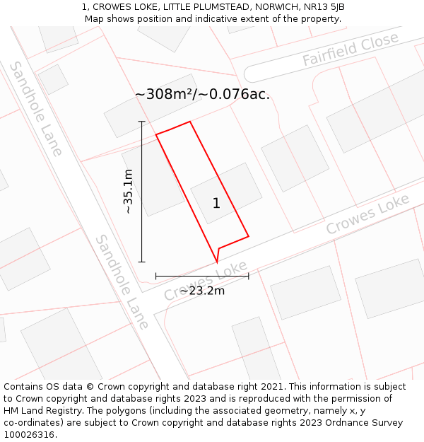 1, CROWES LOKE, LITTLE PLUMSTEAD, NORWICH, NR13 5JB: Plot and title map