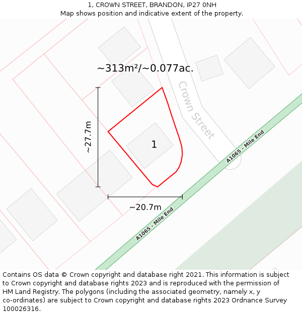 1, CROWN STREET, BRANDON, IP27 0NH: Plot and title map