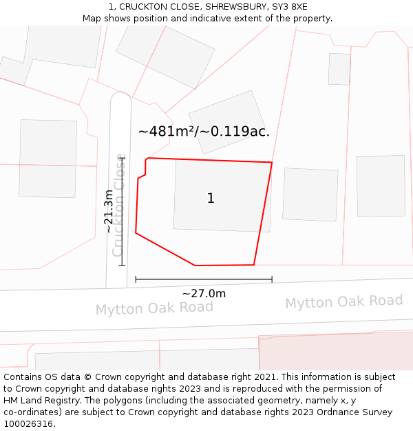 1, CRUCKTON CLOSE, SHREWSBURY, SY3 8XE: Plot and title map