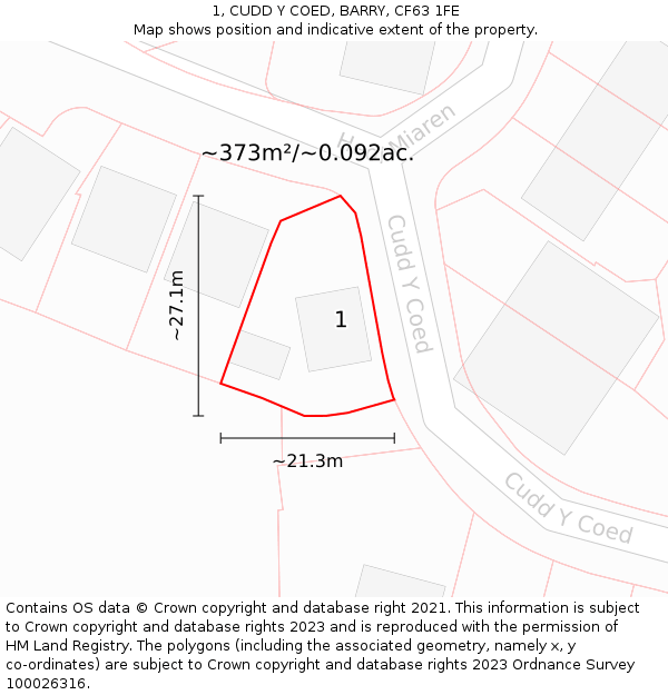 1, CUDD Y COED, BARRY, CF63 1FE: Plot and title map