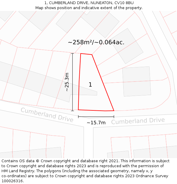 1, CUMBERLAND DRIVE, NUNEATON, CV10 8BU: Plot and title map