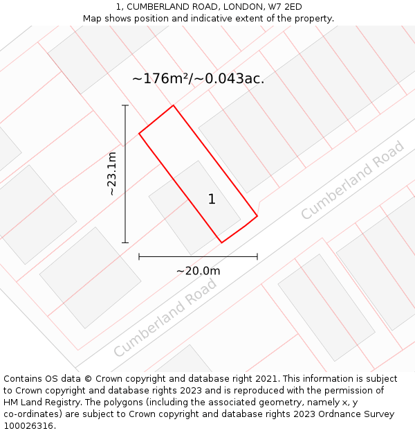 1, CUMBERLAND ROAD, LONDON, W7 2ED: Plot and title map