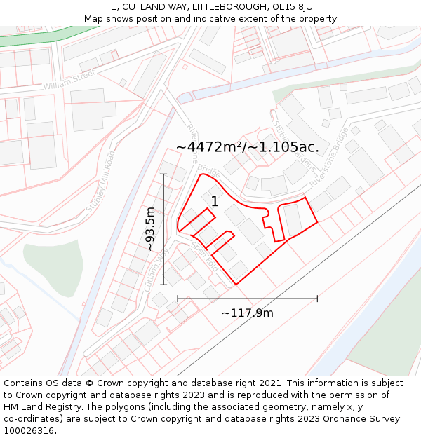 1, CUTLAND WAY, LITTLEBOROUGH, OL15 8JU: Plot and title map