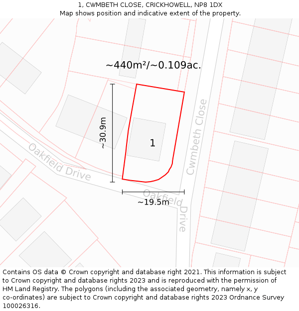 1, CWMBETH CLOSE, CRICKHOWELL, NP8 1DX: Plot and title map