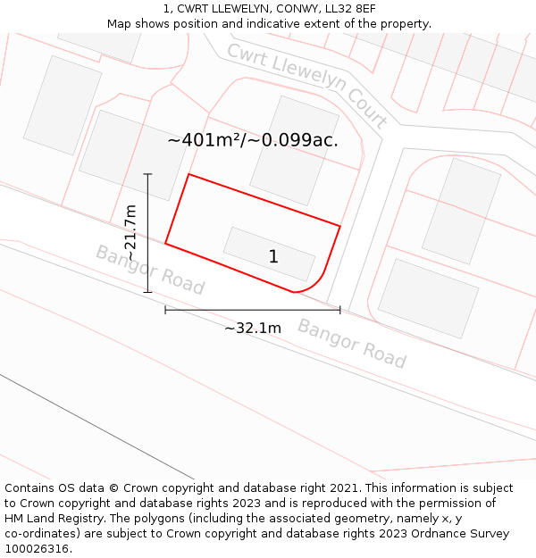 1, CWRT LLEWELYN, CONWY, LL32 8EF: Plot and title map