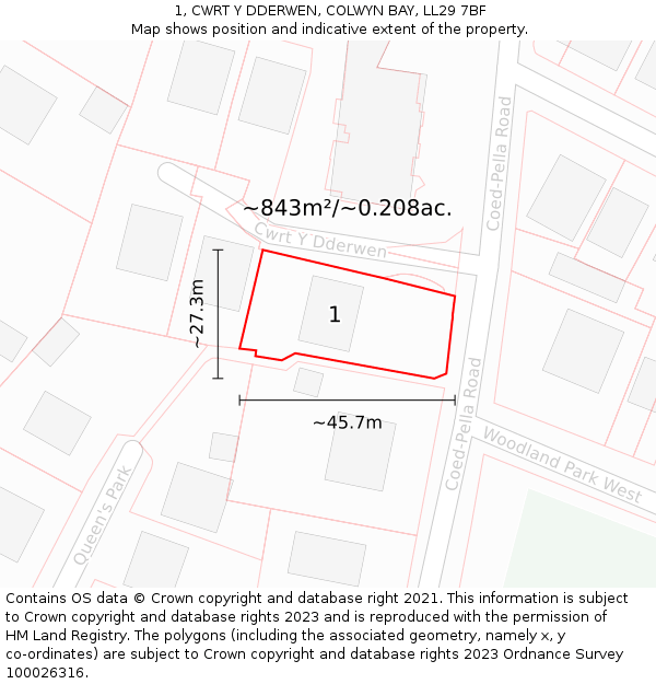 1, CWRT Y DDERWEN, COLWYN BAY, LL29 7BF: Plot and title map