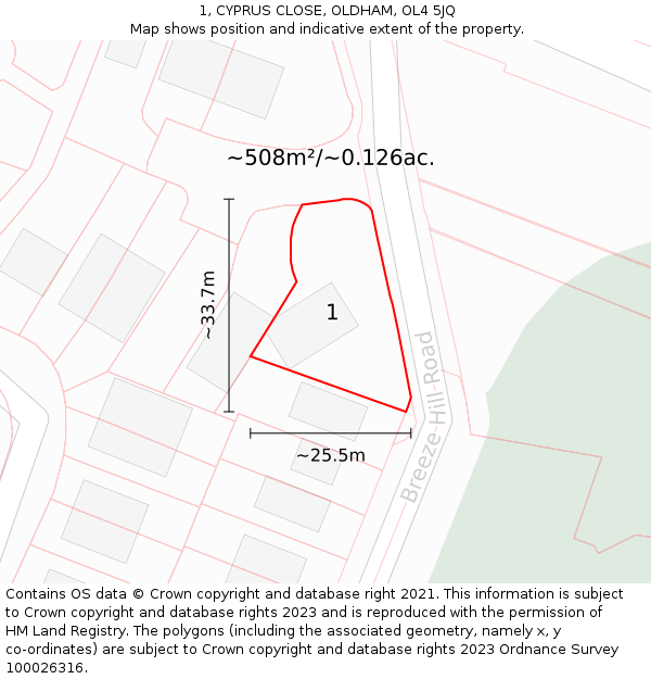 1, CYPRUS CLOSE, OLDHAM, OL4 5JQ: Plot and title map