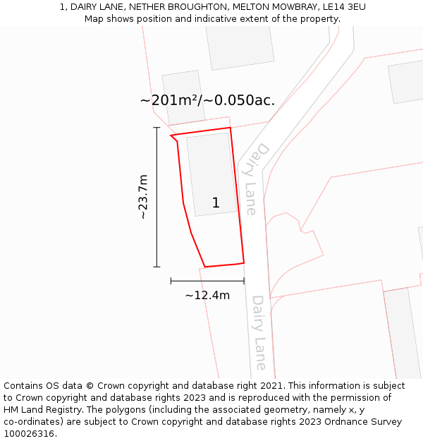 1, DAIRY LANE, NETHER BROUGHTON, MELTON MOWBRAY, LE14 3EU: Plot and title map