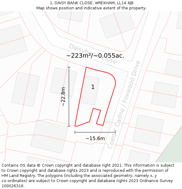 1, DAISY BANK CLOSE, WREXHAM, LL14 4JB: Plot and title map