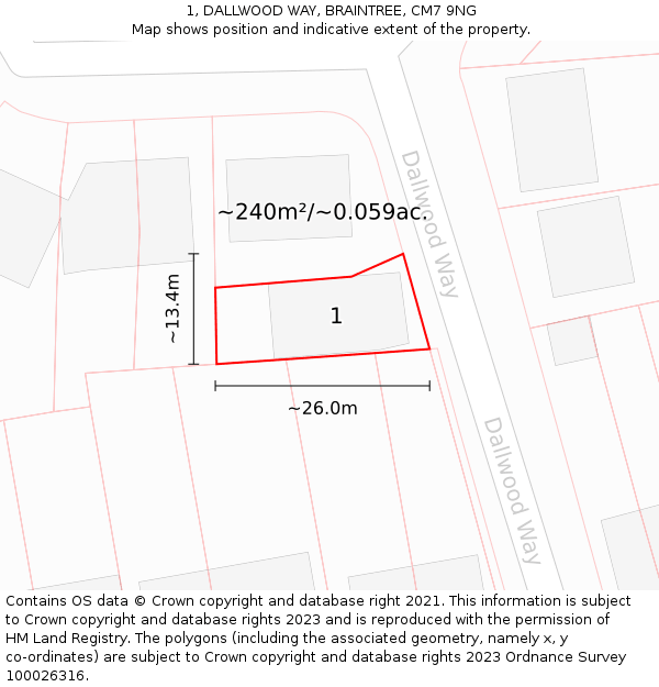 1, DALLWOOD WAY, BRAINTREE, CM7 9NG: Plot and title map