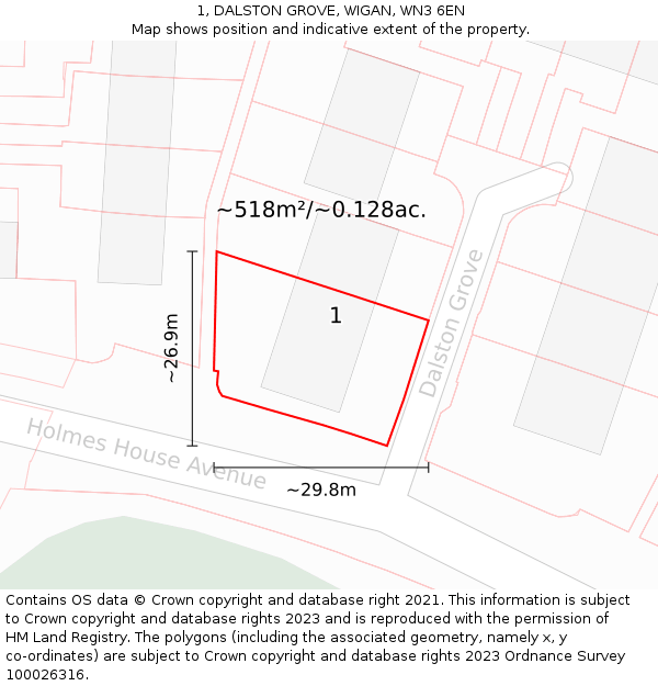 1, DALSTON GROVE, WIGAN, WN3 6EN: Plot and title map