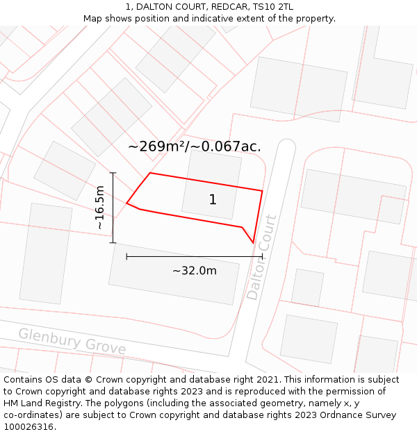 1, DALTON COURT, REDCAR, TS10 2TL: Plot and title map