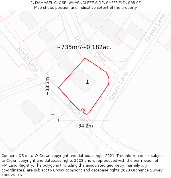 1, DAMASEL CLOSE, WHARNCLIFFE SIDE, SHEFFIELD, S35 0EJ: Plot and title map