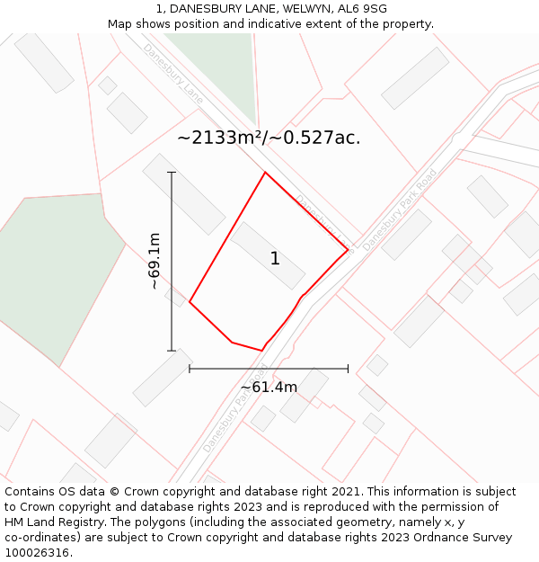 1, DANESBURY LANE, WELWYN, AL6 9SG: Plot and title map