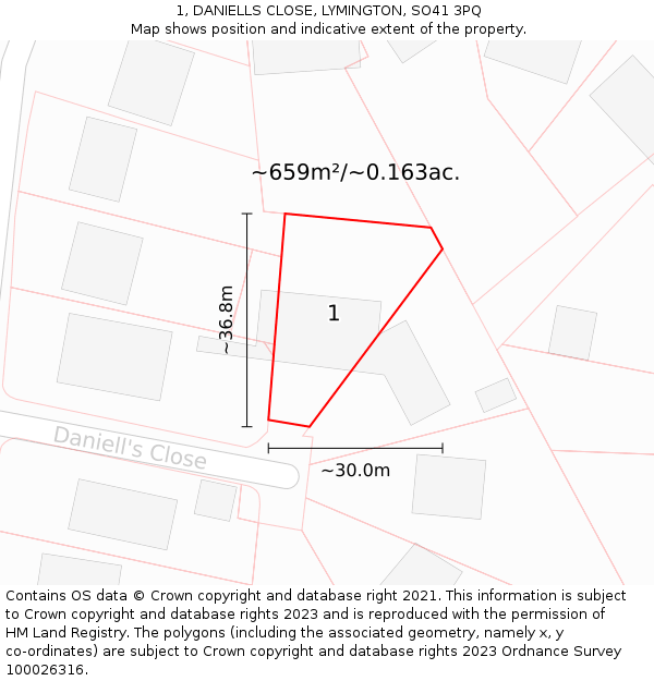 1, DANIELLS CLOSE, LYMINGTON, SO41 3PQ: Plot and title map