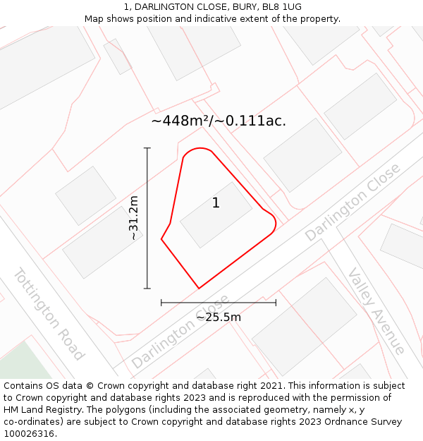 1, DARLINGTON CLOSE, BURY, BL8 1UG: Plot and title map