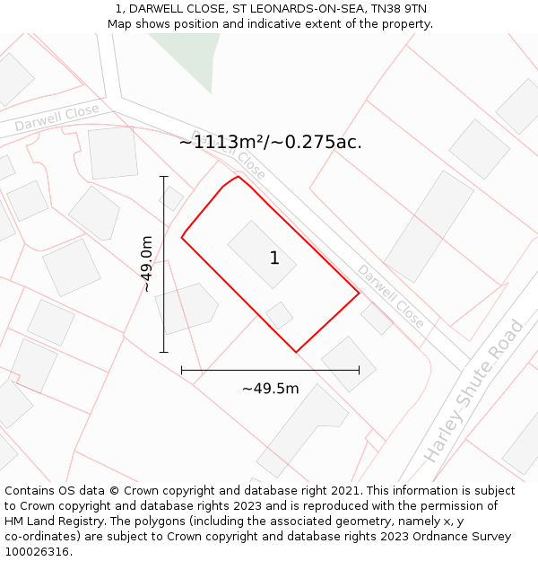 1, DARWELL CLOSE, ST LEONARDS-ON-SEA, TN38 9TN: Plot and title map