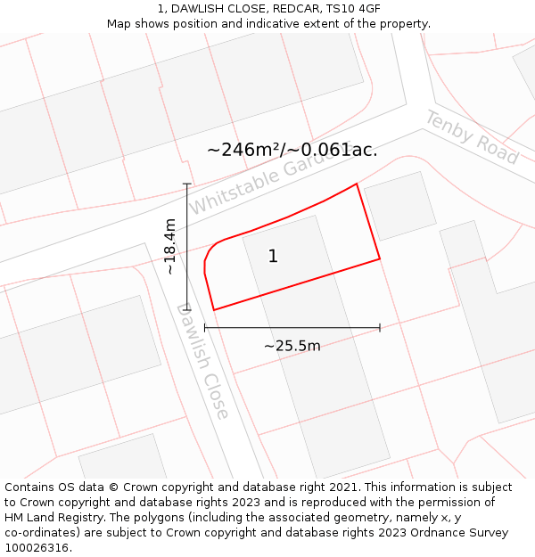 1, DAWLISH CLOSE, REDCAR, TS10 4GF: Plot and title map