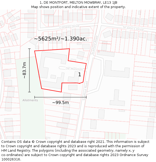 1, DE MONTFORT, MELTON MOWBRAY, LE13 1JB: Plot and title map