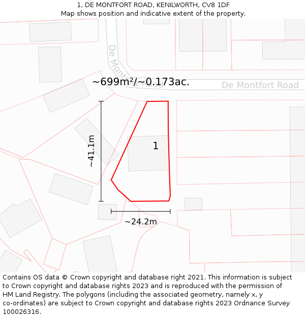 1, DE MONTFORT ROAD, KENILWORTH, CV8 1DF: Plot and title map