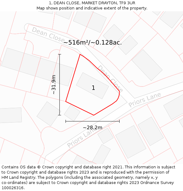 1, DEAN CLOSE, MARKET DRAYTON, TF9 3UR: Plot and title map