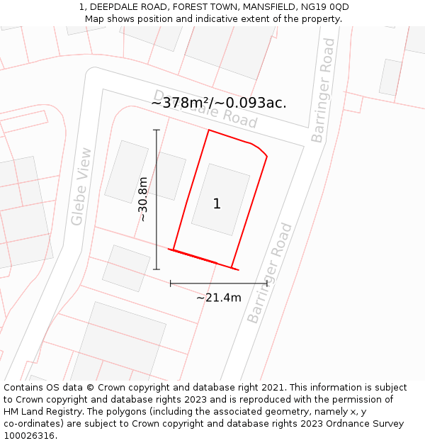 1, DEEPDALE ROAD, FOREST TOWN, MANSFIELD, NG19 0QD: Plot and title map